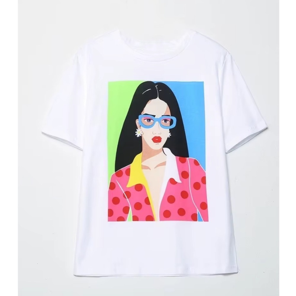 Zara Womens Pop Art Graphic T-Shirt White Crew Neck Short Sleeve Size M